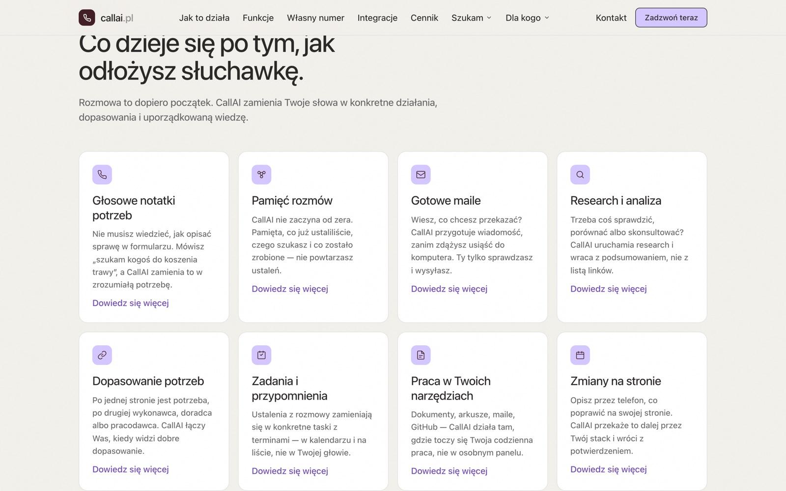 Funkcje CallAI: głosowe notatki potrzeb, pamięć rozmów, gotowe maile, research i analiza
