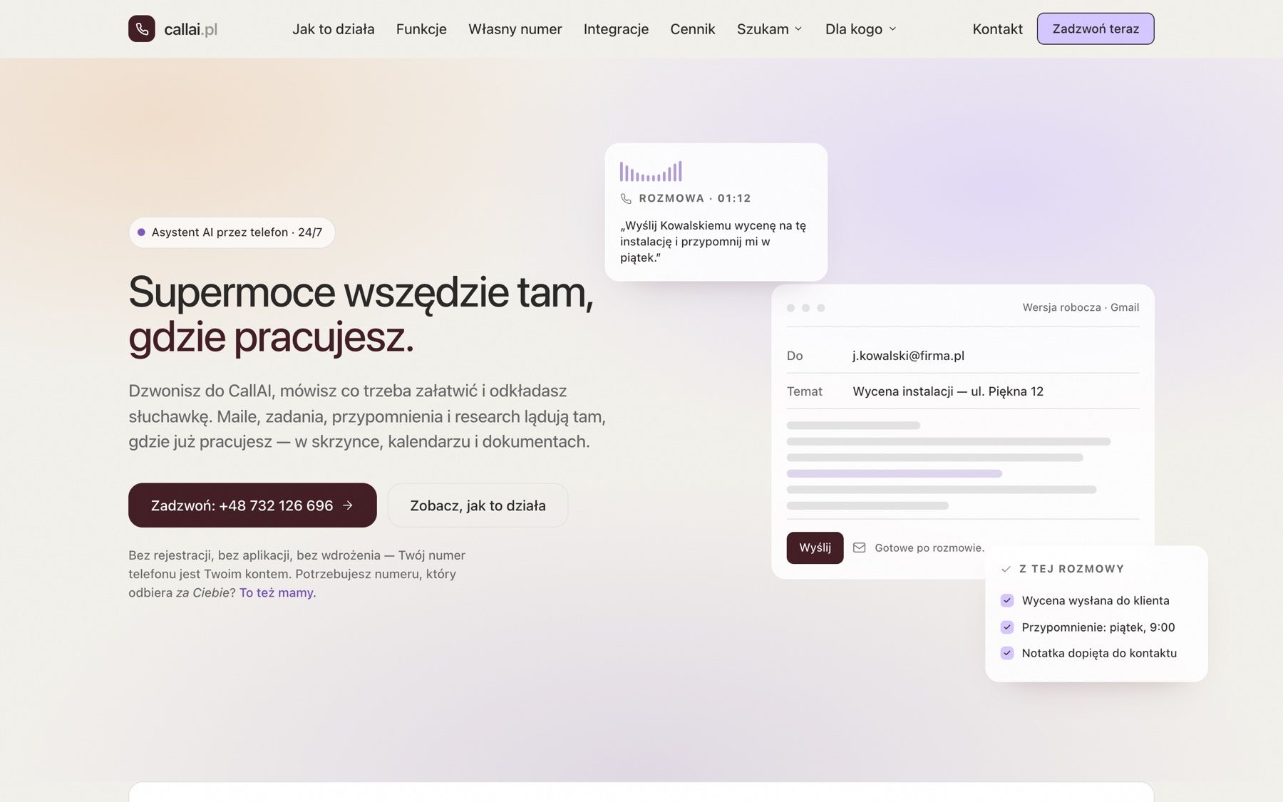 Strona główna callai.pl — „Supermoce wszędzie tam, gdzie pracujesz”, obok podgląd maila przygotowanego po rozmowie telefonicznej
